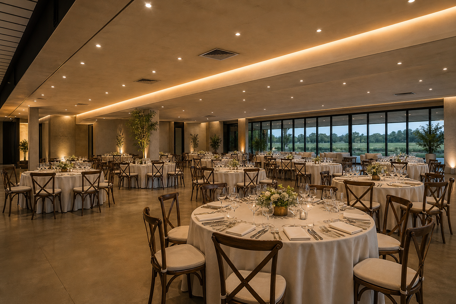 Salón de eventos con mesas preparadas